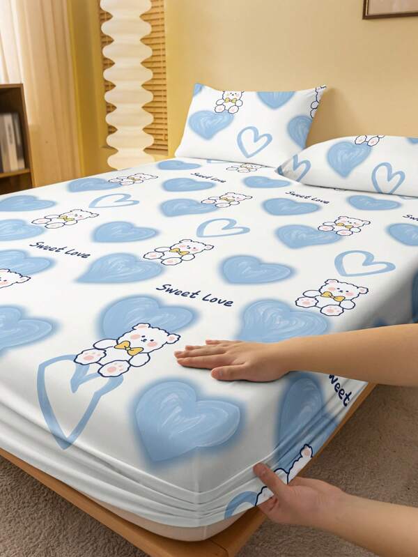 1pc Cartoon Cute Animal Bear Print Fitted Sheet, Bedroom Pattern Bedspread, Bedding Set (Pillow Case Not Included)