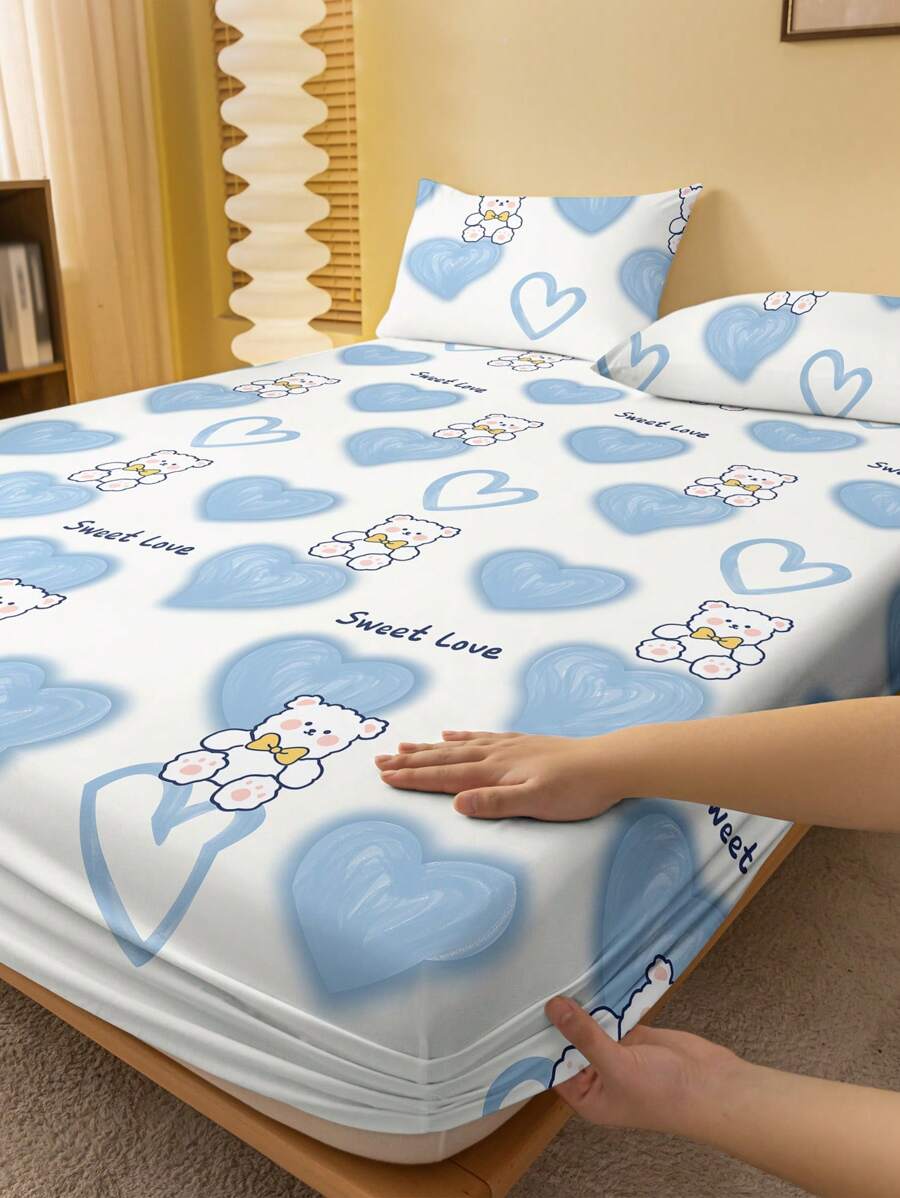 1 pièce Drap-housse imprimé d'ours animal mignon de bande dessinée, couverture de lit à motif pour chambre à coucher, ensemble de literie (taie d'oreiller non incluse)