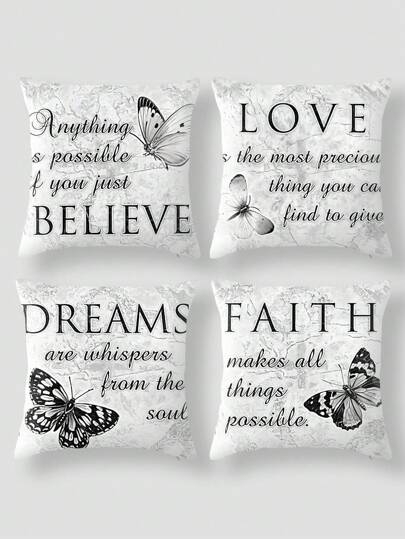 Set da 4 pezzi Federe per cuscini stampate con lettere grigie e farfalle, multimisurate, lavabili, per decorazione della casa, stanza, letto, divano, sedia, primavera, festa della mamma, matrimonio, compleanno, forniture per feste, stampa digitale, semplicità moderna, divano, cuscini decorativi per ufficio, copertine stampate per cuscini da regalo per poggiatesta di auto, comodino, divano, ufficio
