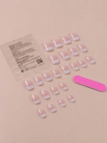 24pcs French Stiletto Nail Kit - Nude And White, Short Square Acrylic False Nails With Jelly Stickers, Easy To Apply - Suitable For Office And Casual Occasions. Nail Art Supplies, Nail Stickers. - Multicolor - View 3