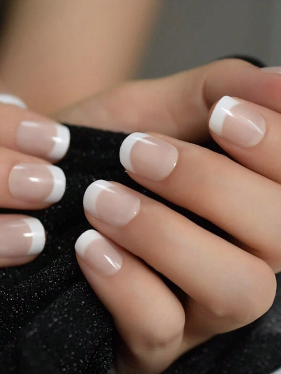 24pcs French Stiletto Nail Kit - Nude And White, Short Square Acrylic False Nails With Jelly Stickers, Easy To Apply - Suitable For Office And Casual Occasions. Nail Art Supplies, Nail Stickers. - Multicolor - View 1