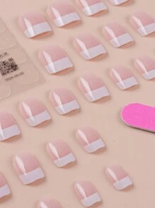 24pcs French Stiletto Nail Kit - Nude And White, Short Square Acrylic False Nails With Jelly Stickers, Easy To Apply - Suitable For Office And Casual Occasions. Nail Art Supplies, Nail Stickers. - Multicolor - View 4
