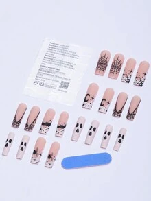 24 片方形长款万圣节按压式指甲深色蝙蝠蜘蛛网，恐怖蜘蛛万圣节指甲深色风格女孩必备假指甲带果冻凝胶 1 片摩擦条 1 片 - 彩色 - 查看 3