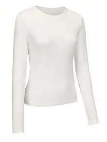 Schlank geschnittenes Langarm Oberteil Damen, bequemes und dehnbares Unterhemd für die Crew - Weiss - Übersicht 4