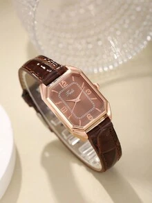 1 chiếc đồng hồ da cổ điển tối giản đa năng thời trang - màu nâu - Xem 3