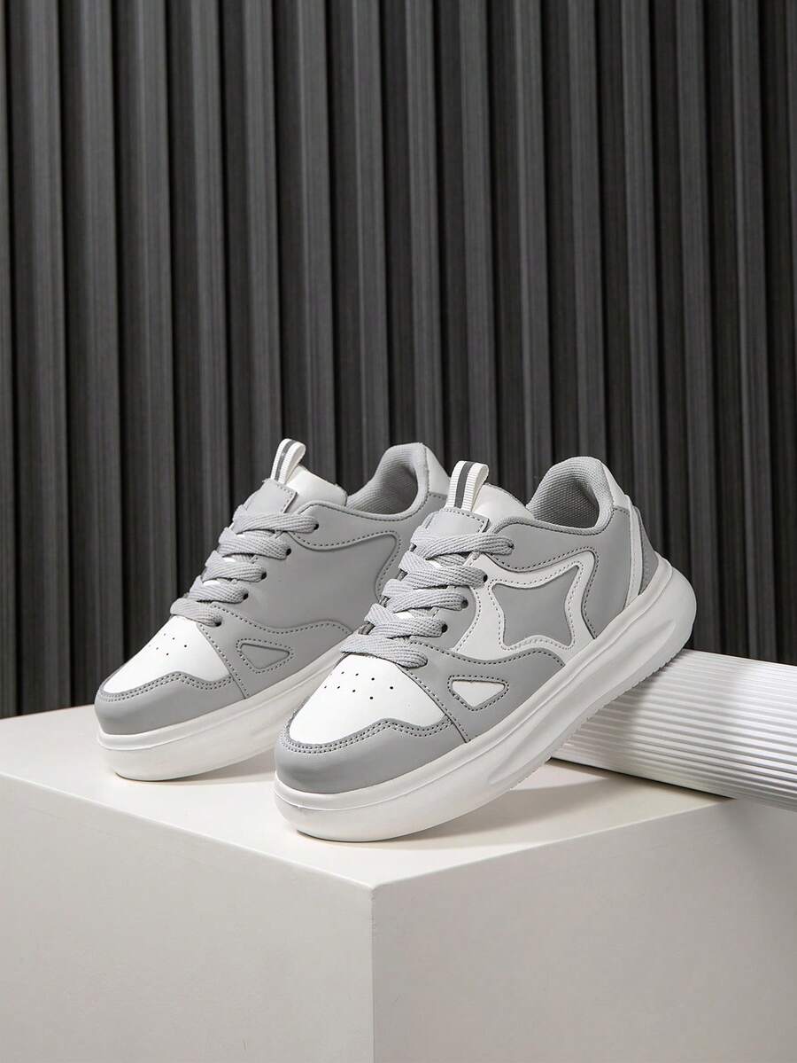 1 Pair Kids' Star PU Lace-Up Design Flat Lightweight Soft Durable Waterproof Casual Sports Shoes, Suitable For All Seasons