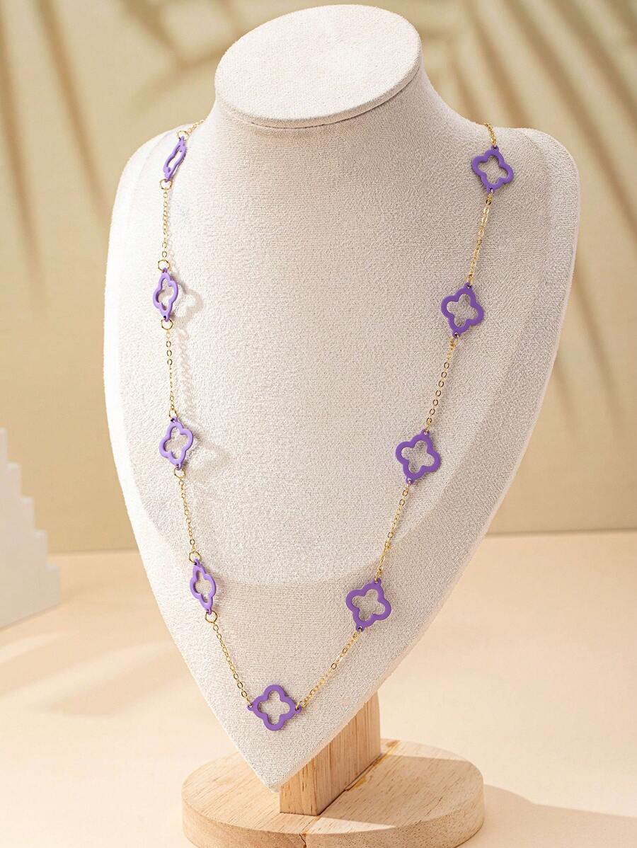 1pc Hollow Four-Leaf Clover Pendant Necklace, Vintage Elegant Style For Women - Purple - View 1