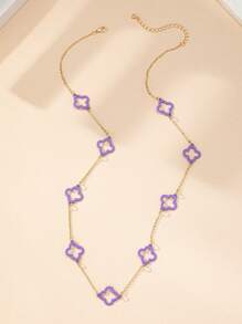 1pc Hollow Four-Leaf Clover Pendant Necklace, Vintage Elegant Style For Women - Purple - View 3