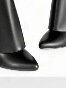 Botas altas hasta la rodilla con pliegue para mujer, tacón grueso, cremallera, puntera puntiaguda, moda de fiesta, unicolor, punk, tendencia, estilo callejero - NEGRO-PU - Ver 5