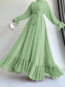 Váy dài tay màu trơn viền bèo nhún kín đáo - màu xanh lợt - Xem 2