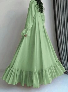 Váy dài tay màu trơn viền bèo nhún kín đáo - màu xanh lợt - Xem 5