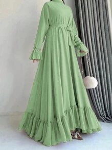 Váy dài tay màu trơn viền bèo nhún kín đáo - màu xanh lợt - Xem 3