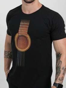 Men's T-Shirt Printed Guitar Round Neck In Premium Cotton Mesh - 黑色 - 查看 4