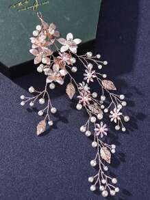 1pc Handmade Gold-Color Alloy & Pearl Flower Headband, Wedding Bridal Party Hair Accessory Valentine's Day Accessories - Gold - View 3