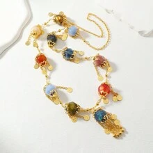 European And American Cross-Border Best-Selling Fashion Colorful Bead Antique Coin Pendant Long Necklace And Pink Bead Round Pendant Long Necklace