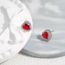 1 Pair Cubic Zirconia Heart-Shaped Stud Earrings In Red, Black And White, Luxury Fashion, Minimal Design For Daily Wear, Jewelry Gift For Women Valentines,Mom,Mother,Mother's Day,Gift