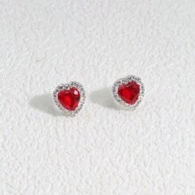 1 Pair Cubic Zirconia Heart-Shaped Stud Earrings In Red, Black And White, Luxury Fashion, Minimal Design For Daily Wear, Jewelry Gift For Women Valentines,Mom,Mother,Mother's Day,Gift