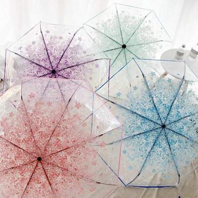 1pc Cute Goddess Style Folding Umbrella, Clear With Simple & Elegant Forest Design, Three-Folding, Cherry Blossom Print, Spring Summer Picks, Brides Maid Gifts, Room, Bedroom Decor, Bedroom Decor, Beach, Travel, For Men, For Women, Vacation,Outdoor,Garden,Travel Essentials
