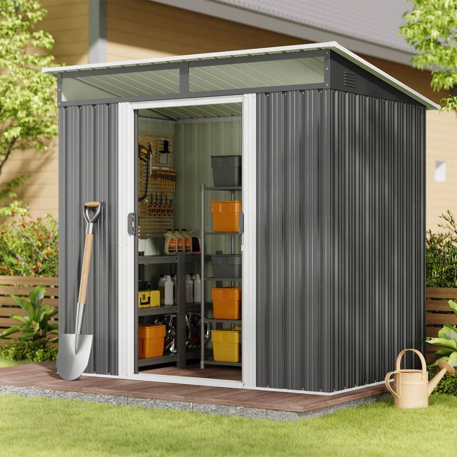 Asofer 6'x4' Outdoor Storage Shed Metal Garden Shed With Sliding Lockable Doors, Versatile Tool Bike Shed With Transparent Panel Windows, Outdoor Storage  For Backyard, Patio - 黑色 - 查看 1