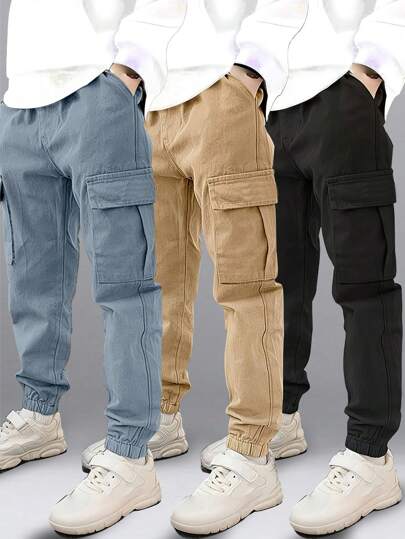 3 st. Tween Boys Casual Outdoor Training Sports Snygga Cargobyxor med flera fickor och dragsko, Lämpliga för vår, sommar, höst, vinter