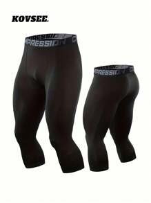 KOVSEE 2 件装紧身裤骑行运动训练七分裤健身透气高弹压缩裤跑步篮球健身白色黑色 - 彩色 - 查看 2