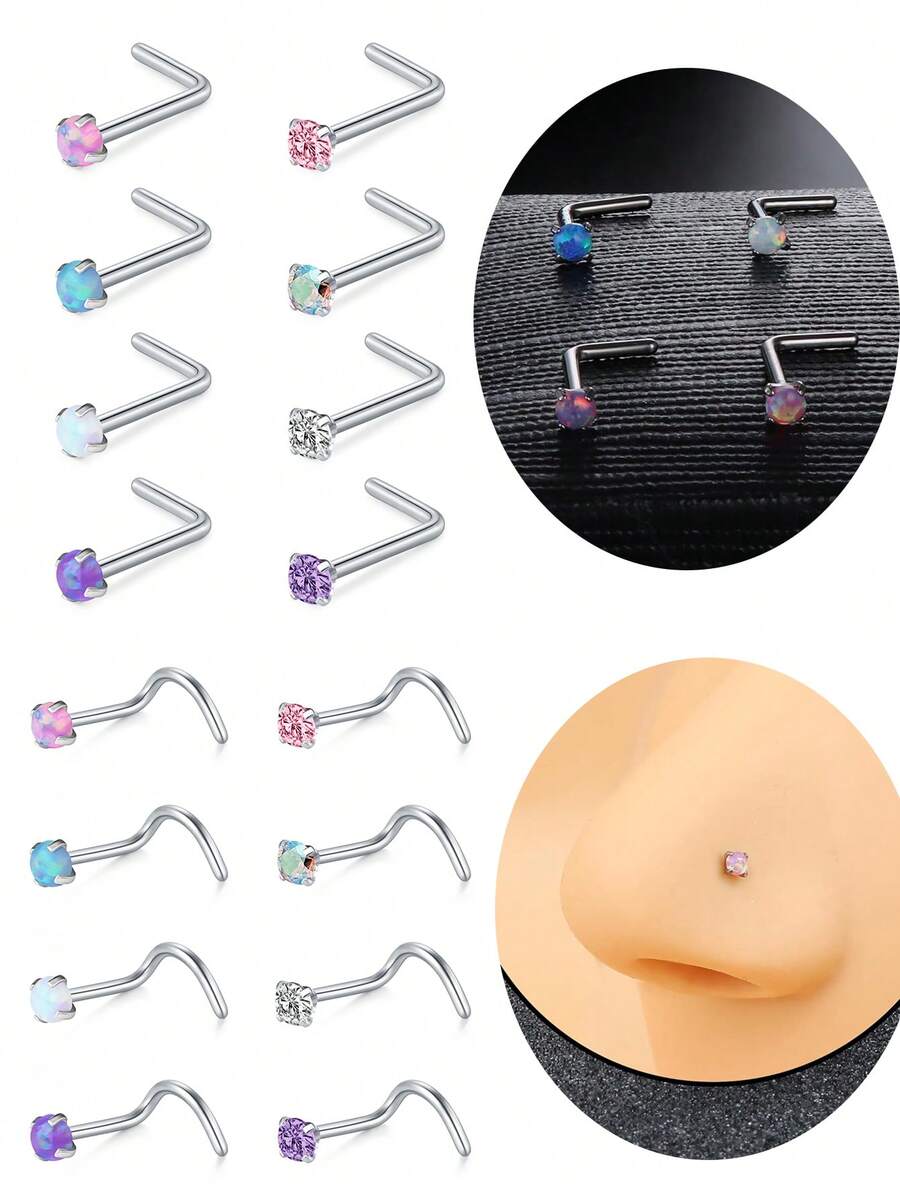 AVYRING 8pcs Opal&Colorful CZ 20g Stainless Steel Nose Stud Rings Piercing L Shaped/Nose Screws Rings Set - Multicolor - View 1
