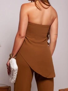 Tailored Strapless Neck Blouse And High Waist Tailored Pantalone Pants Set - 鏽棕色 - 查看 4