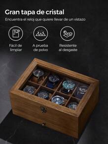 SONGMICS Caja de Relojes con 8 Ranuras, Estuche de Relojes de Madera de 2 Niveles con Tapa de Cristal, Almohadillas, Forro de Terciopelo, Regalo de Seres Queridos, Nogal Rústico - Marrón - Ver 9