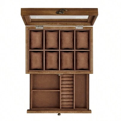  SONGMICS Caja de Relojes con 8 Ranuras, Estuche de Relojes de Madera de 2 Niveles con Tapa de Cristal, Almohadillas, Forro de Terciopelo, Regalo de Seres Queridos, Nogal Rústico