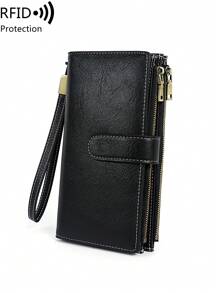 MIYIN Fashionable Retro Women's Everyday Multifunctional Large Capacity Tri-Fold RFID Blocking Credit Card Holder Wallet, Can Hold Credit Cards/ID/Coins/Cash/Receipts, Women's Dual Zipper Clutch Purse, Birthday/Anniversary Gift, Men's Wallet, Long Wallet, Wrist Wallet - Black - View 3