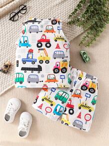 男婴卡通汽车印花上衣和短裤夏季套装（2件套） - 綠色 - 查看 6