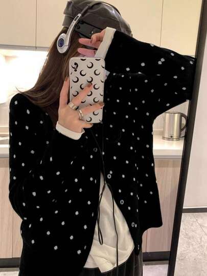 Rikumo Polka Dot Pattern Vest, Women's Casual Long Sleeve Knit Cardigan, Spring