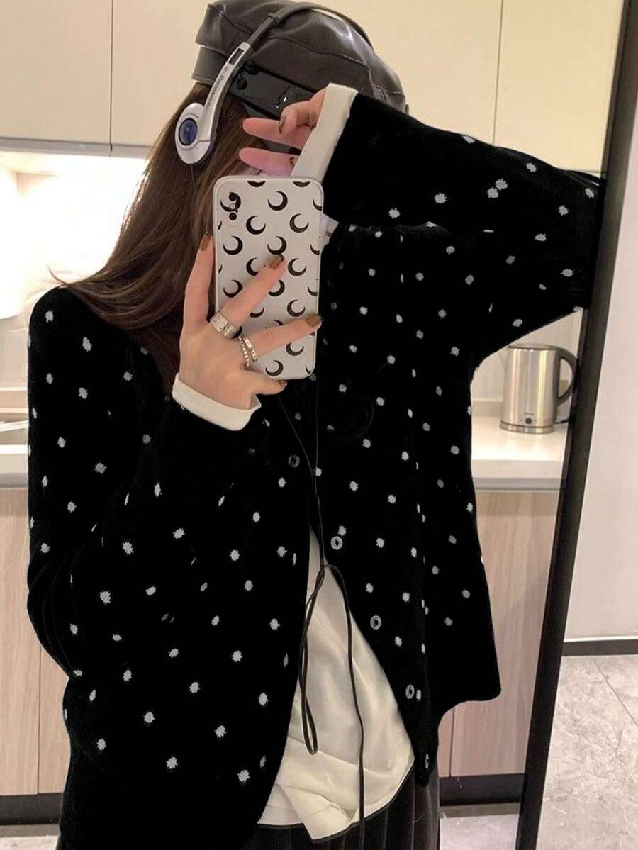 Polka Dot Pattern Vest, Women's Casual Long Sleeve Knit Cardigan, Spring