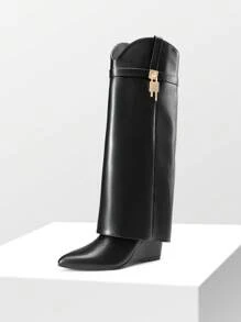 Women's Fold Over Pointed Toe Wedge Heels Knee High Boots  Fashion Padlock Buckle Party Gorgeous Style - màu đen - Xem 4