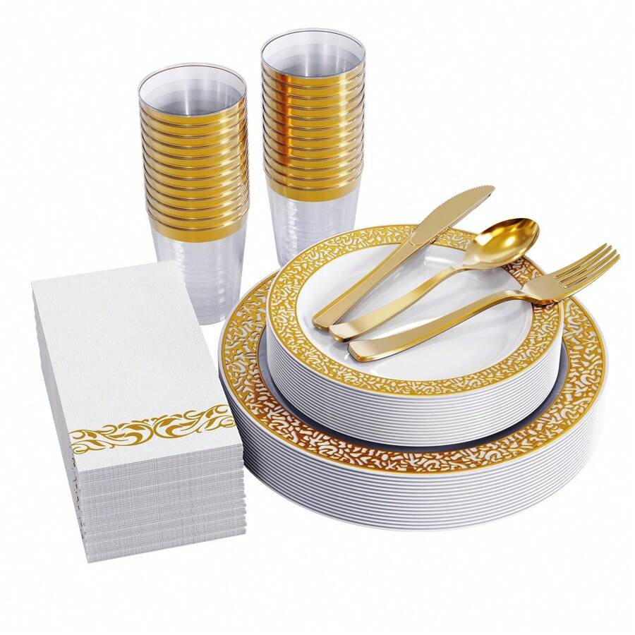 175 Piece Gold Dinnerware Set For Party Wedding, 25 Guest50 Gold Lace