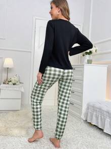 2pcs Women's Casual Letter & Plaid Print Crew Neck Long Sleeve Pajama Set, Autumn & Winter - Multicolor - View 5