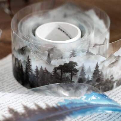 1Roll Tape, Natural Healing Series, Exquisite Natural Scenery Ink Continuous Mountains And Rivers Theme Tape Stickers, PET Waterproof Material, Scrapbook Supplies, Decorative Notebook Photo Frames, Mobile Phone Cases, Water Cups, Garbage Magazines, Stationery Boxes, DIY Personalized Collage Back To School
