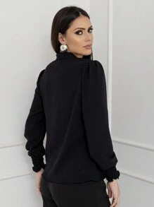 Smile Fashion Women's Formal Blouse Long Sleeve Bow Collar Plain Dune Fabric - 黑色 - 查看 4