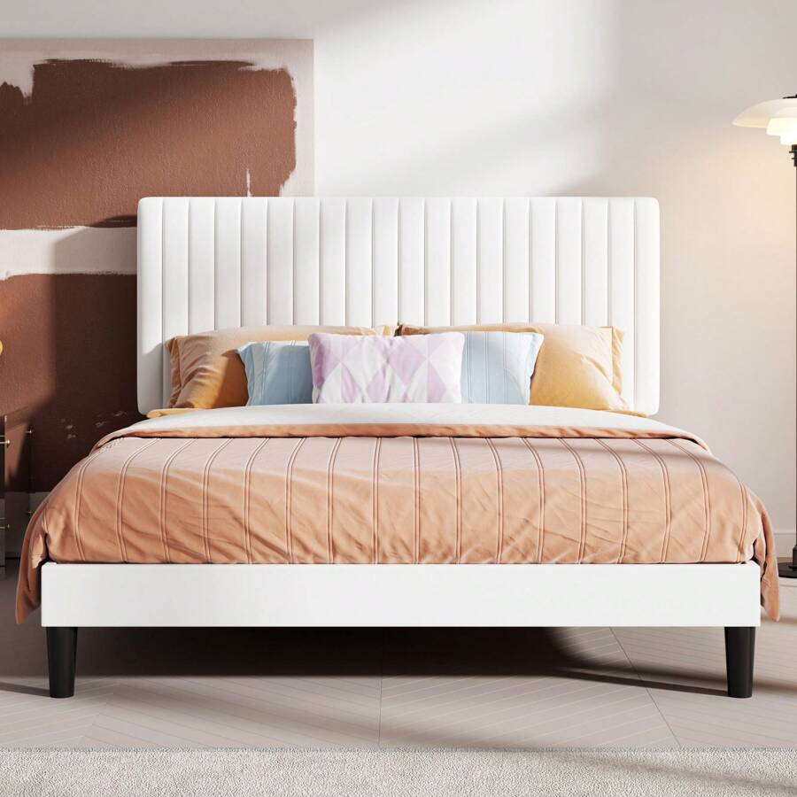 HOOMIC Full/Queen/King Size Platform Bed Frame, Modern Velvet Upholstered Bed With Adjustable Vertical Channel Tufted Headboard, Wooden Slats Support, Box Spring Optional, Black/Green/Blue/White/Pink/Teal * Bed Frame Queen Queen Bed Frame Bed Frame Full Full Size Bed Frame King Size Bed Frame Twin Bed Frame Room Decor Home Decor Christmas Decor Bedroom Decor Valentine Day Decor Storage Living Room Decor Furniture House Decor - White - View 1