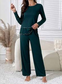 2pcs Women Casual Solid Color Round Neck Long Sleeve Top And Long Pants Pajamas Set, Fall/Winter - Dark Green - View 6