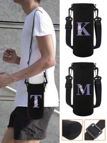 1pc Water Bottle Carrier Bag For 550ml 750ml  1000ml 1500ml Cup Pink Flower Letter Printed Anti Scald , Neoprene Bottle Protective Holder With Adjustable Strap, Suitable For Hiking Travelling Camping Sports Water Bottle Case Insulated Bag Crossbody - Black - View 5