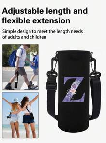 1pc Water Bottle Carrier Bag For 550ml 750ml  1000ml 1500ml Cup Pink Flower Letter Printed Anti Scald , Neoprene Bottle Protective Holder With Adjustable Strap, Suitable For Hiking Travelling Camping Sports Water Bottle Case Insulated Bag Crossbody - Black - View 8
