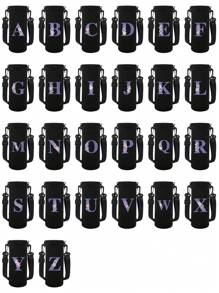 1pc Water Bottle Carrier Bag For 550ml 750ml  1000ml 1500ml Cup Pink Flower Letter Printed Anti Scald , Neoprene Bottle Protective Holder With Adjustable Strap, Suitable For Hiking Travelling Camping Sports Water Bottle Case Insulated Bag Crossbody - Black - View 2