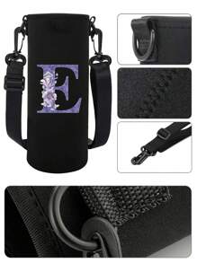 1pc Water Bottle Carrier Bag For 550ml 750ml  1000ml 1500ml Cup Pink Flower Letter Printed Anti Scald , Neoprene Bottle Protective Holder With Adjustable Strap, Suitable For Hiking Travelling Camping Sports Water Bottle Case Insulated Bag Crossbody - Black - View 7