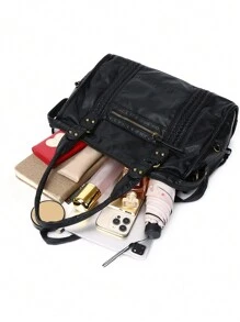 New Women's Handbag, Washed Fabric Tote Bag, Large Capacity, Perfect For Back To School, College, High School, Workplace - Black - View 8
