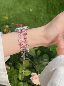 1pc Fashionable Rhinestone Apple Watchstrap Diamond Band, Women's Pink Metal Exquisite Love Pendant Beaded Bracelet With Rhinestones, Ruby Apple Watchband Bracelet With European And American Style, Heart-Shaped Pendant, Compatible With Apple WatchBand 40/41/42/44/45/38/49mm,Ultra2/1 Applies To AppleWatch Se Series 9/8/7/6/5/4/3/2/1series.Compatible With Apple Watch Bracelet.