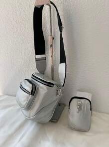 Women's Bag Kit With A Coin Purse Crossbody Bag Large Stylish Modern Blogger With Wide Strap In Pure Black - Silver - View 2