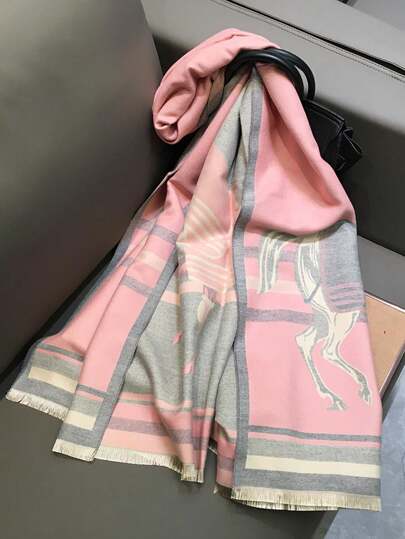 1条女士围巾，粉色马匹印花围巾，女士保暖两用披肩，适合冬季、办公室、空调房等场合，女士配饰