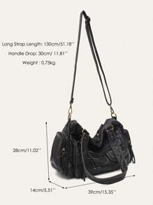 STEPHIECATHY Solid Color Washed PU Leather, Zipper Closure, Multi-Pocket Design, Women's Shoulder Crossbody Bag, Casual & Practical, Suitable For Daily Life - Black - View 9