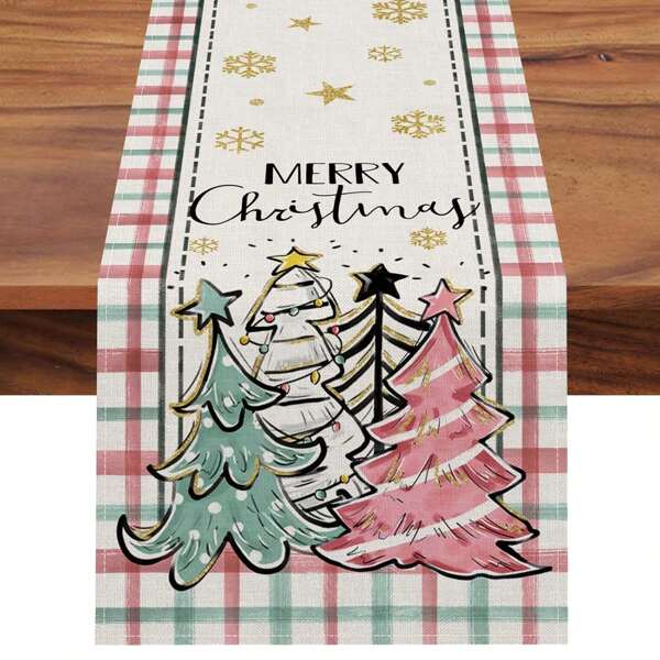 1pc Christmas Tree Tablecloth, Pine Tree & Snowflake Motif, Pink Buffalo Plaid, Seasonal Winter Holiday Farmhouse Kitchen Dining Table Decor, Christmas Table Decoration, Indoor Outdoor